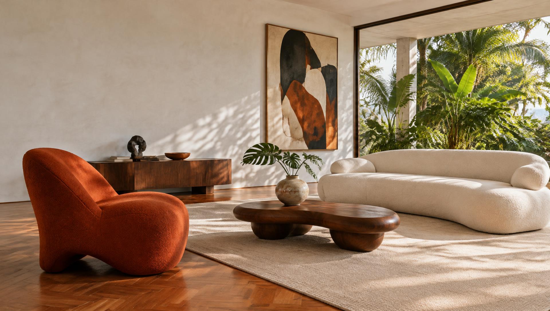 Sculptural furniture in a sunlit living room overlooking tropical greenery
